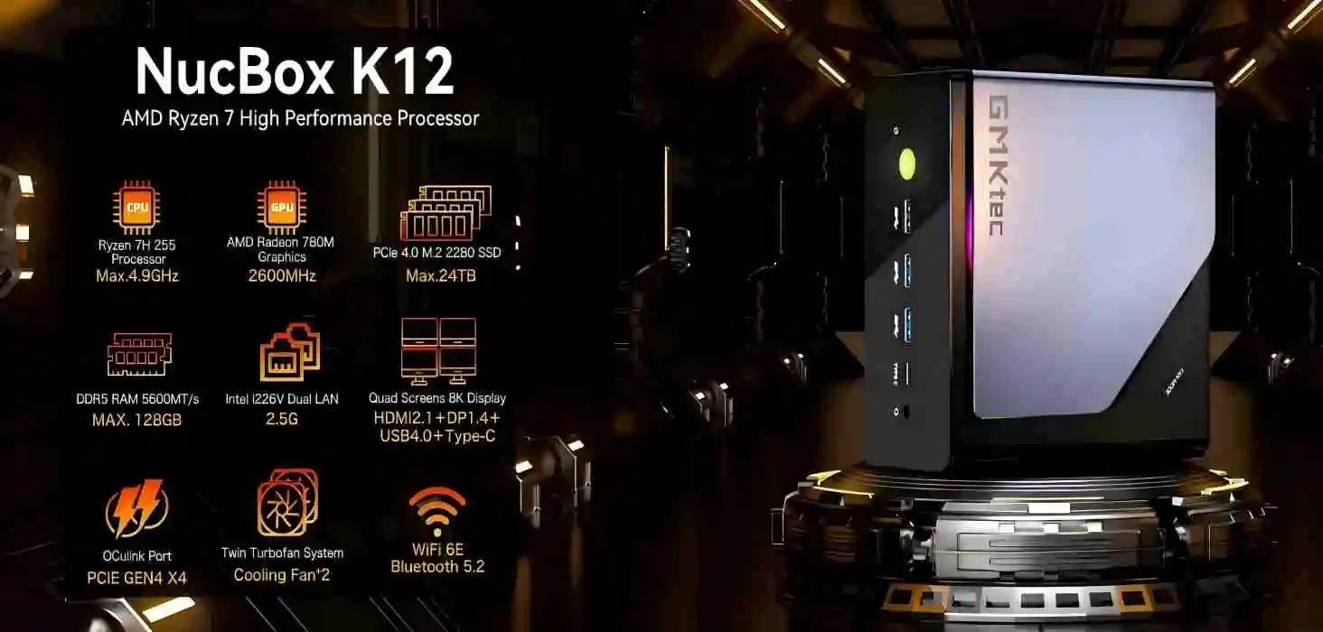 GMKtec K12 Mini PC AMD Ryzen™ 7 H 255 Dual DDR5 5600MT/s 3*SSD PCIe4.0 WiFi 6 BT 5.2 Dual 2.5G LAN OCulink Desktop Computer