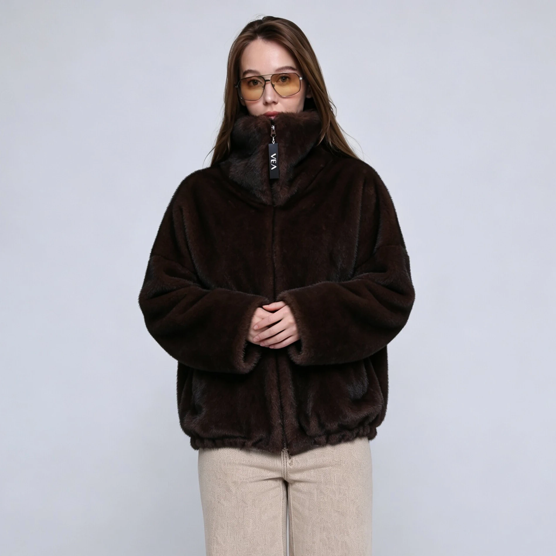 RU Women Faux Mink Fur Cropped Jacket Full Zip Drawstring Hem Loose Wide Sleeve Warm Ladies Fluffy Casual Outerwear