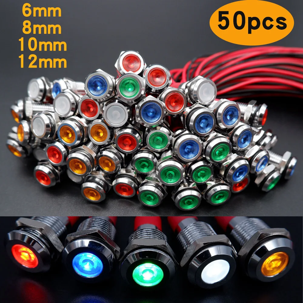 50pcs Metal Indicator Light 6mm 8mm 10mm 12mm Warning Signal Lamp 3V 5V 12V 24V 110V 220V Red Orange Green Blue White With Wire