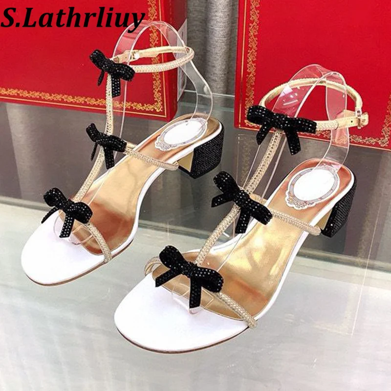 

Summer Open Toed Shiny Crystal Bow Knot Sandals Women Bling Bling Rhinestone Narrow Band Square Heel Sandalias Party Dress Shoes