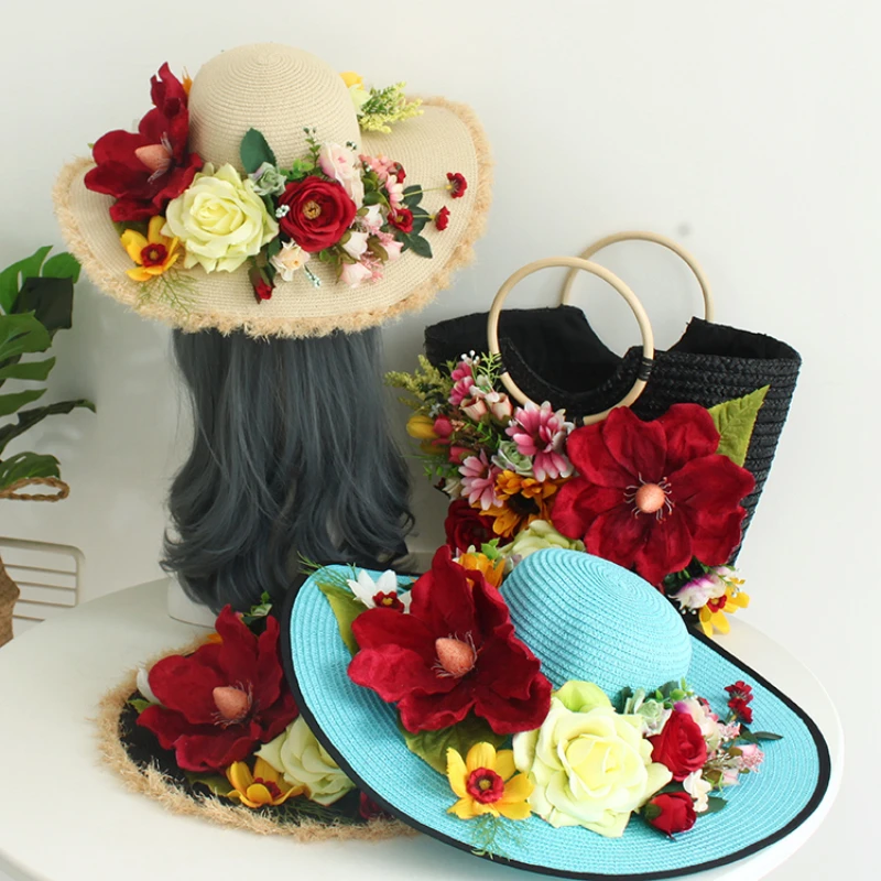 Summer Handmade Large-eave Hat Women Grass Straw Sunscreen Hat Artificial Flower Rattan Handbag Beach Travel Suit Country Style