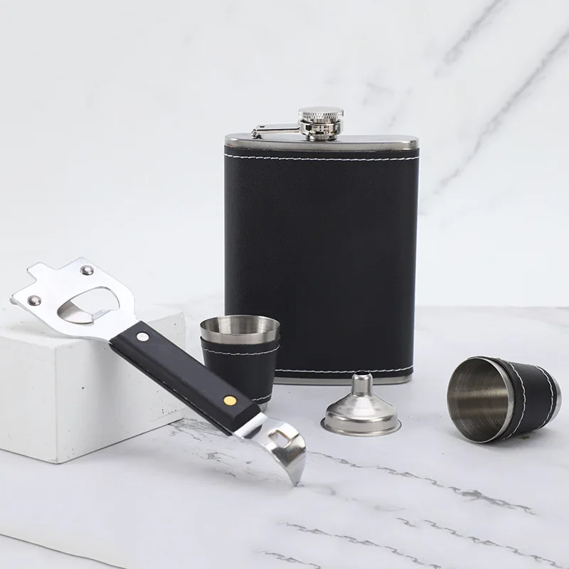 7oz Portable Flagon Hip Flask set cloth with cup pen openner for Whiskey Vodka Wine Pot Alcohol outdoor gift box Drinking Bottle