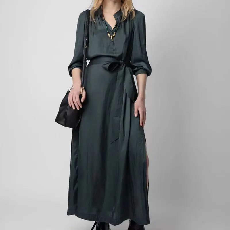 

Dress women's spring and autumn new design elastic waist V-neck long-sleeved belt solid color long skirt elegant and noble skirt