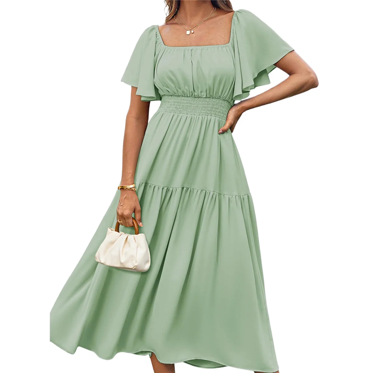

Women'S Summer Short Sleeve Square Neck Smocked Waist Casual Vacation Tiered Flowy Maxi Dress Light Green S
