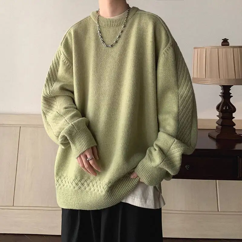 Knitting Sweater Men's 2025 Autumn Winter Retro Heavyweight Crew Neck Sweater Niche Trendy Casual Loose Knit Outerwear