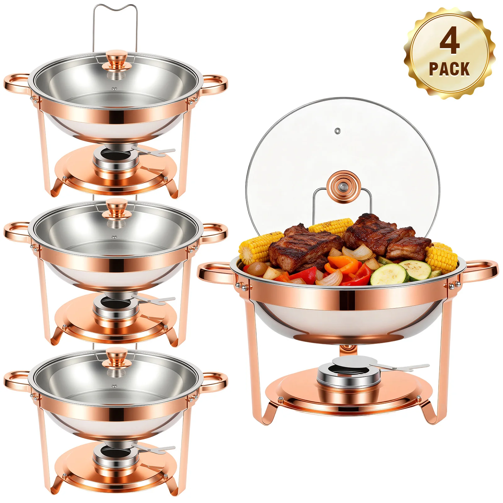 Chafing Dish Set Gold-Plated 5QT Round Warmer Server Stainless Steel 316 with Glass Lids – Premium Buffet & Hot Pot Serving for Parties Buffets Weddings Birthdays 1/2/4/6 Pack