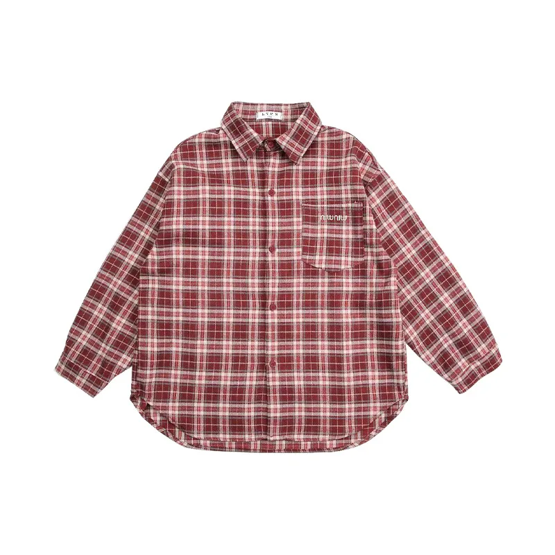 Korean Plaid Cotton Long-Sleeved Shirt for Children Casual Autumn Cardigan Preppy Style Boy Girl Tops in Red Colors 2-13 Y