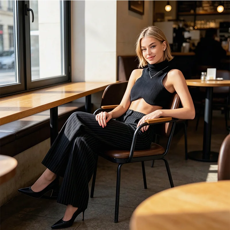 2026 Trendy Women Black High Neck Sleeveless Crop Top Irregular Shoulder Slim Fit Street Vest
