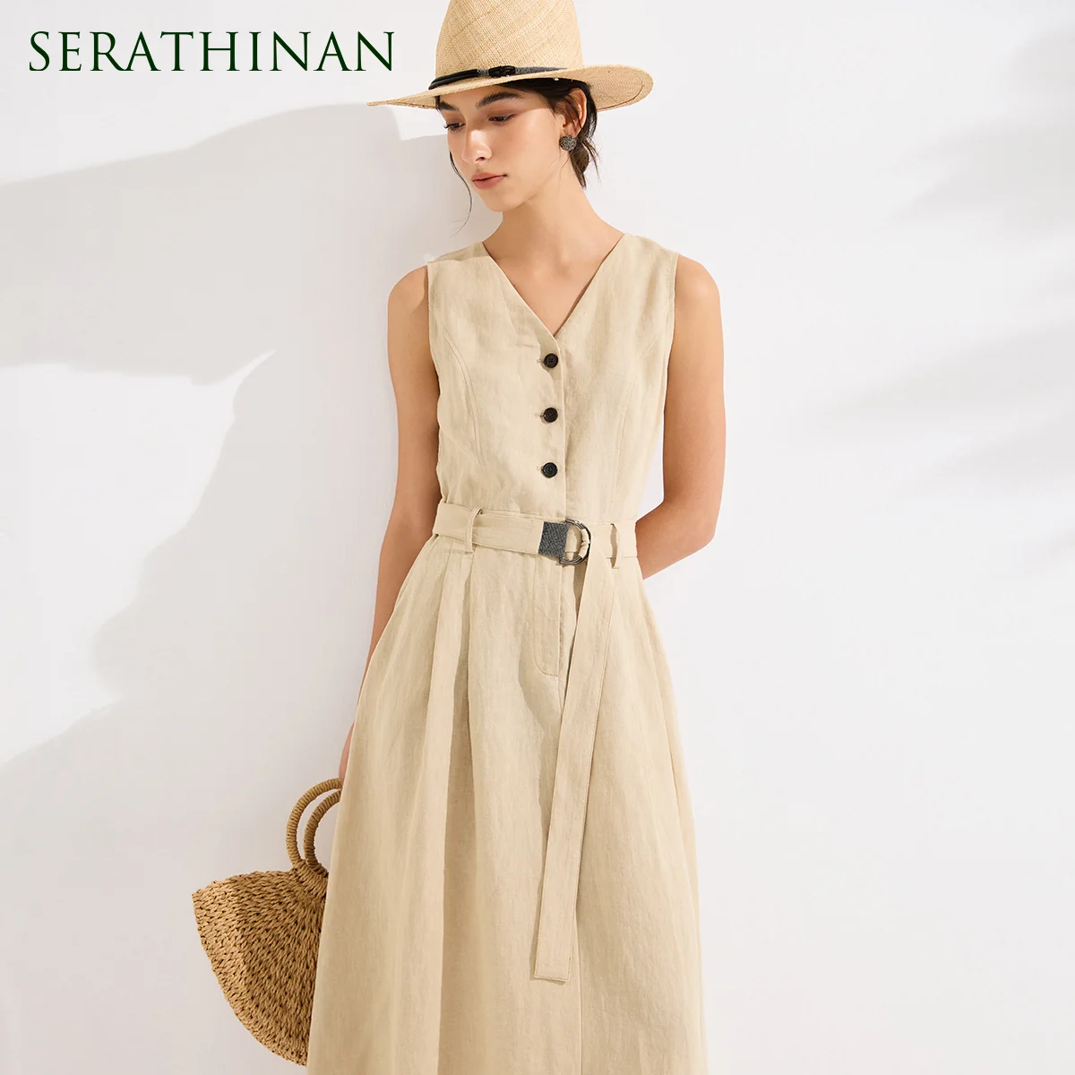

KX9613718 Luxury 100% Linen Dress Women's V Neck Sleeveless Midi Robe Elegant Button Front Belted A Line Runway Vestidos