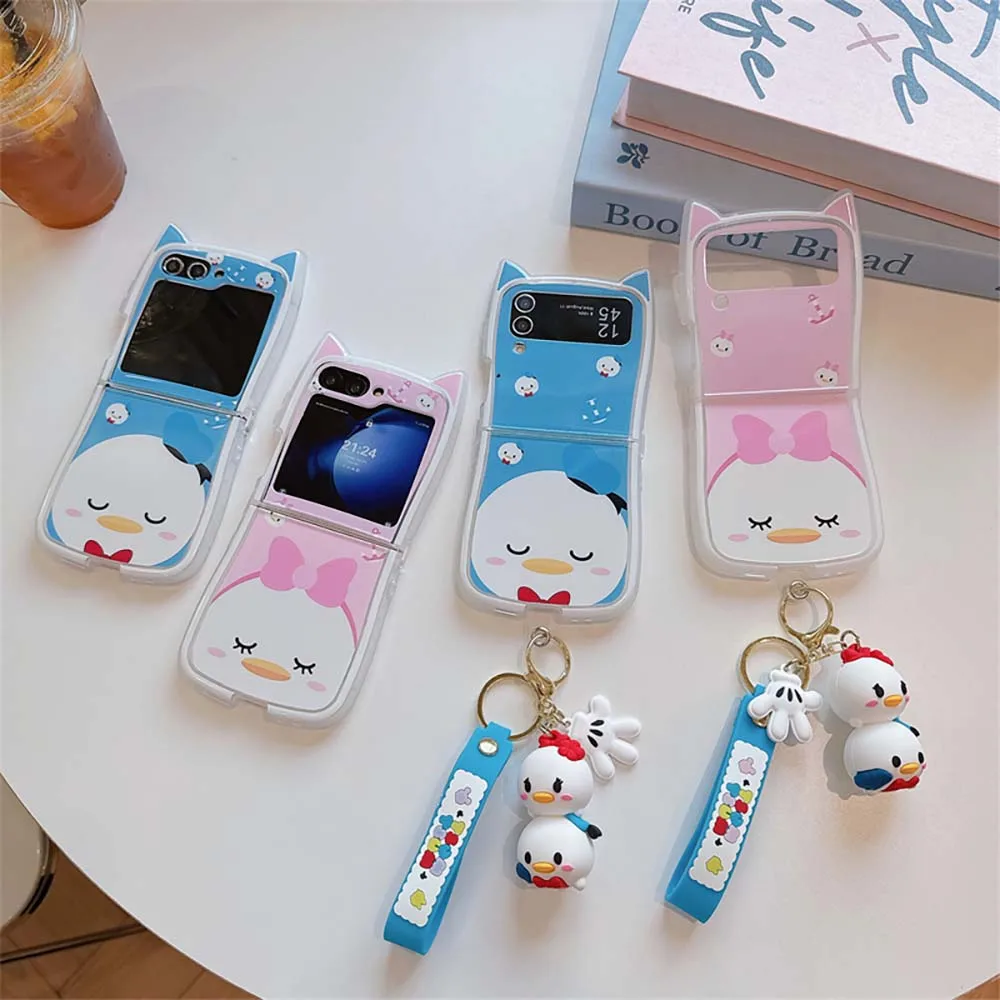 Cute Donald Duck 3D Cat Ear With keychain Phone Case for Samsung Galaxy Z Flip 3 4 5 6 5G PC Hard Anti-drop Back Cover Funda