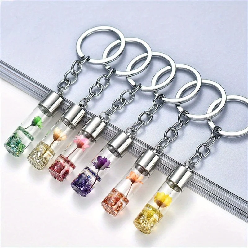 6 Pcs/Set Simple Colorful Eternal Flower Keychain Plant Key Ring Friendship Gift