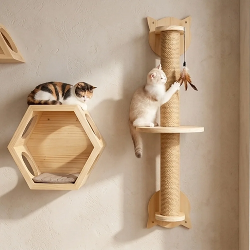 Rascador de pared para gatos con poste de sisal y plataforma - imagen 4