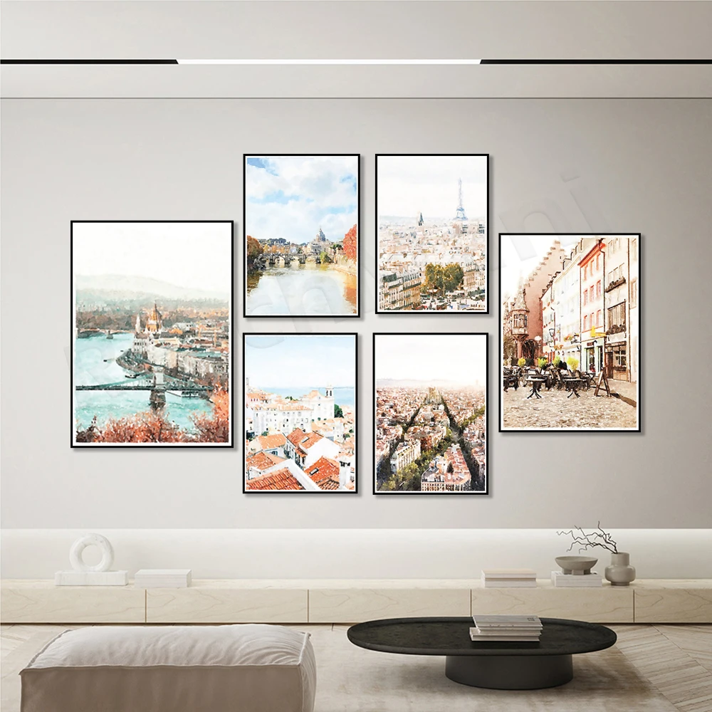 Watercolor European prints, Vienna Paris Lisbon Brussels Germany Rome Budapest Barcelona travel landscape watercolor poster