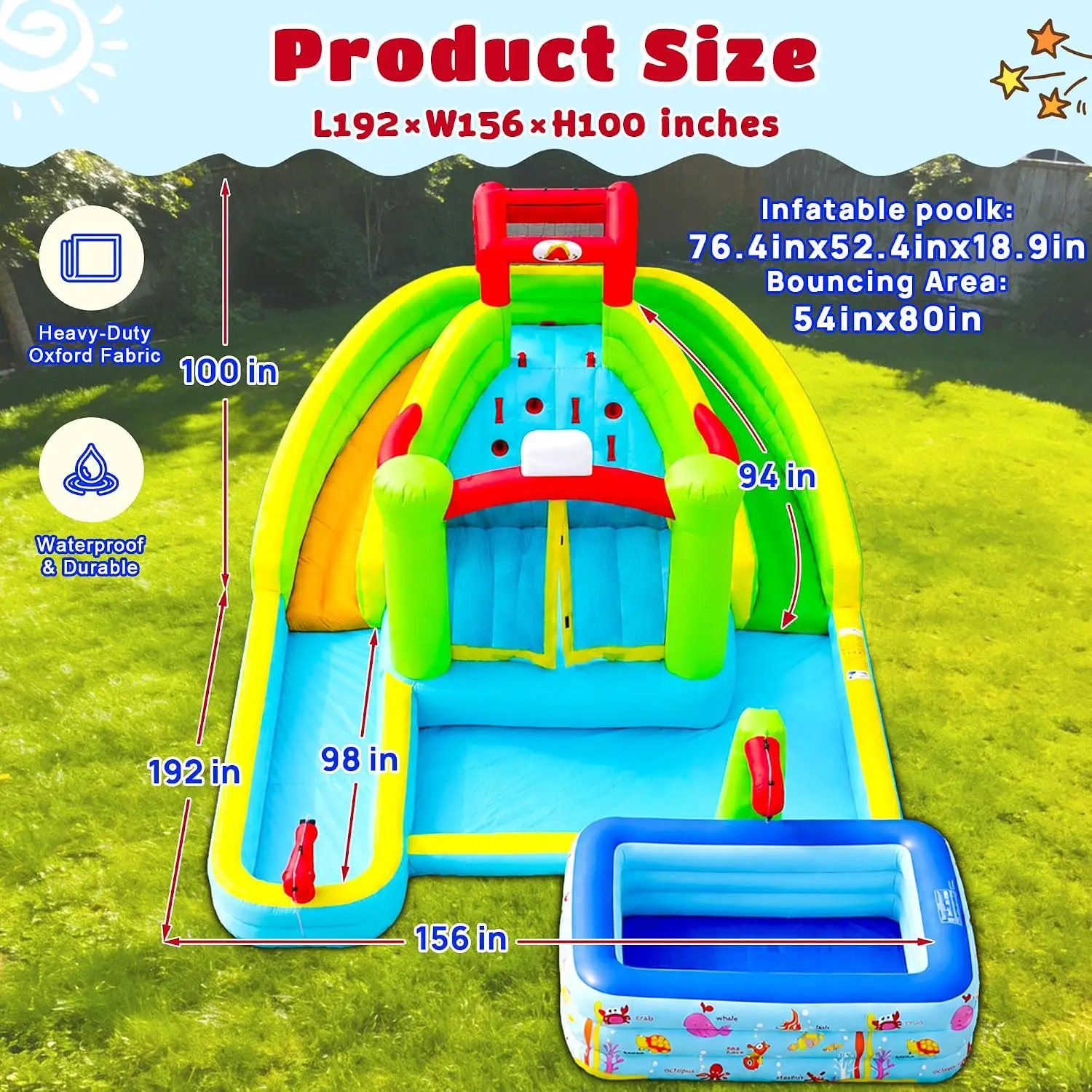 Inflatable Water Slide, 8 in 1 Bounce House with Double Long Slides, Jumping Castle for 4 Kids Ages 3-10, 520W Blower Waterslide view 2