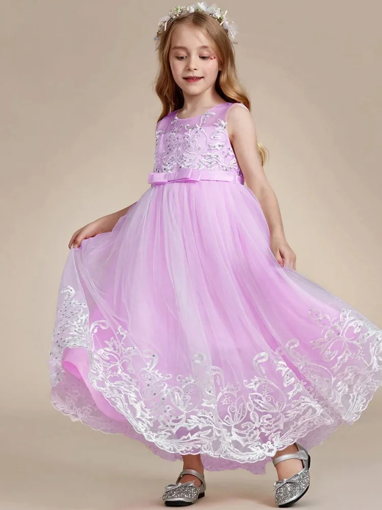 

Lavender Flower Girl Dresses Sequin White Appliques With Bow Sleeveless For Wedding Birthday Party Holy Communion Gowns