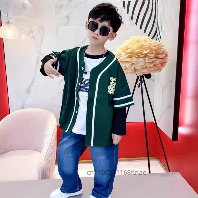 Roupas da moda infantil de dança de rua, roupas de beisebol infantis, conjunto de três peças, fantasia de performance de hip-hop para meninos e meninas