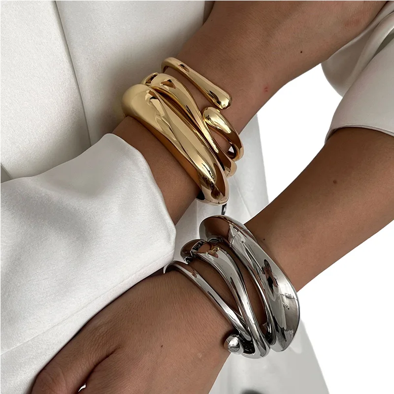 Chunky Bangle Bracelets for Women Trendy Gold Silver Color Minimalist Statement Jewelry Hinged Cuff Open Wide Twisted Bangles