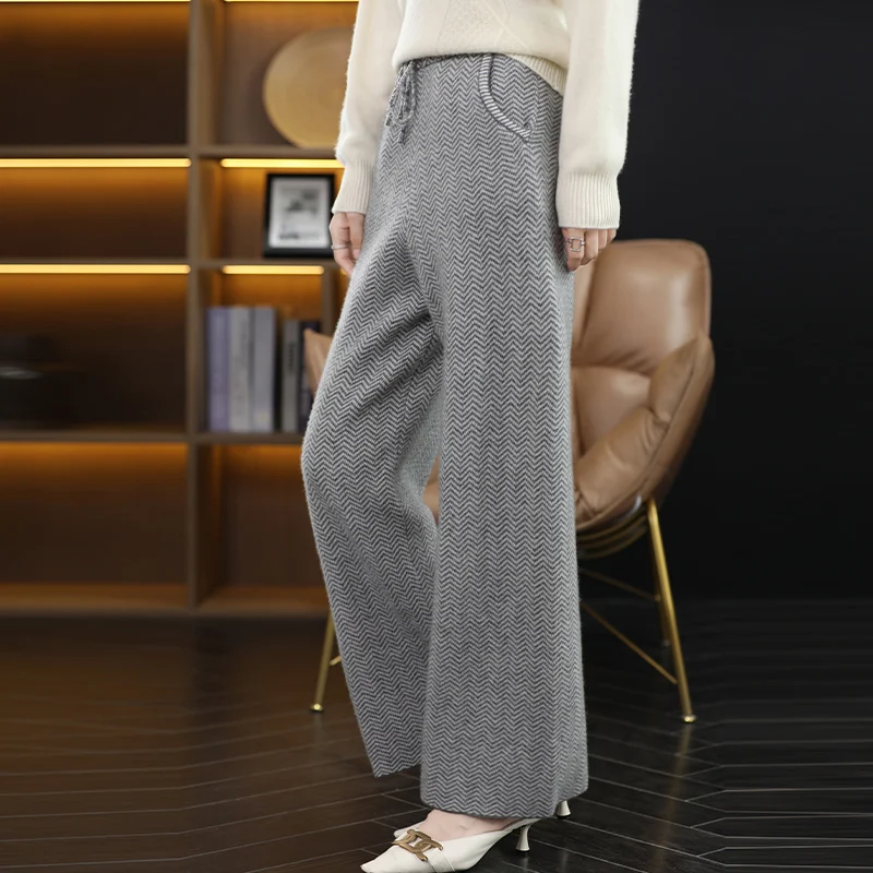 Women's High-Grade Long Cashmere Wide Leg Pants, 100% Pure wool, Comfortable, Casual, Knitted, New, 4 Colors Autumn and Winter