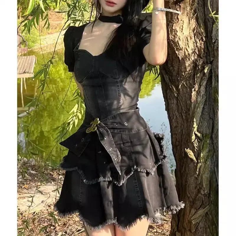 

Bubble Sleeve Denim Dress Women's Summer Fashion Temperament Design Sense Slim Fit Hepburn Style Small Black Skirt Short Skirt