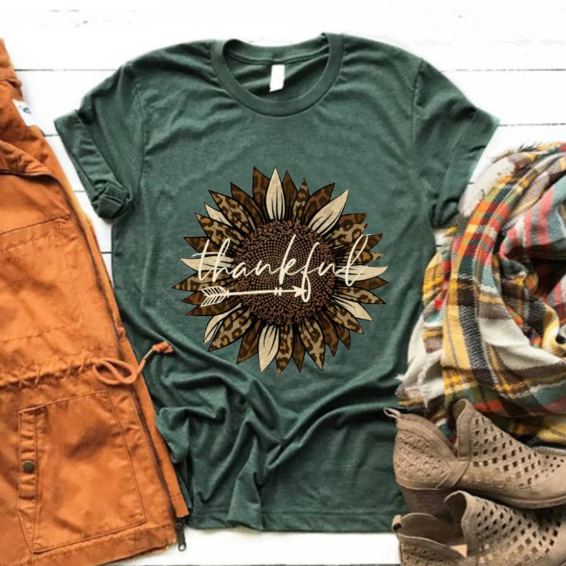 

Thankful Sunflower Leopard Shirt Thanksgiving Tshirt Thanksgiving Family Aesthetic Clothes Thankful Grateful Blessed Tees