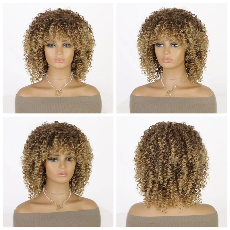 African small curly fluffy short synthetic fiber wig for women, popular afro style, new full headpiece