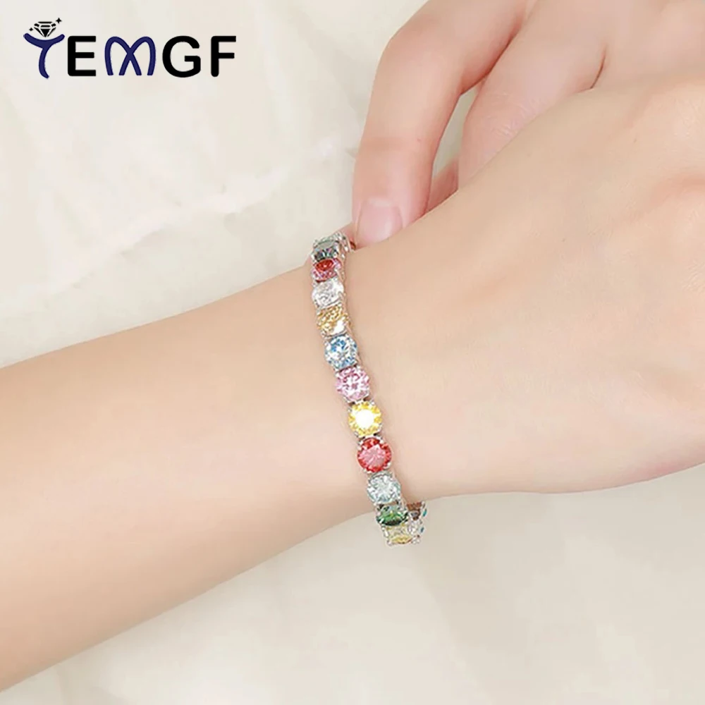 

TEMGF красочный браслет из муассанита, стерлинговое серебро S925, цепочка для женщин, модные роскошные сверкающие ювелирные изделия, сертификация GRA