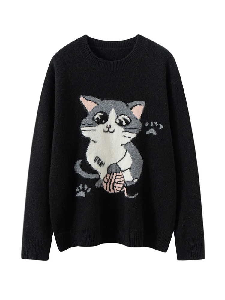 

Women 100% Cashmere Sweater Hight Quality O-neck Pullover Kitten Jacquard Pattern Autumn Winter Soft Warm Cashmere Knitted