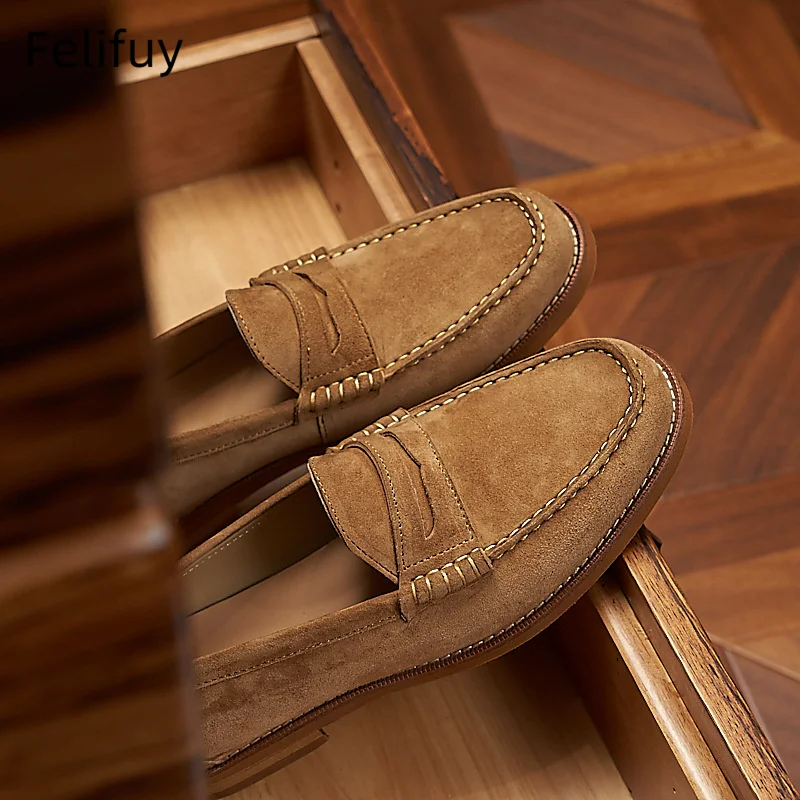 Brown High Quality Genuine Leather Flat Shoes Men Round Toe Slip-on Loafers Daily Comfort Outdoor Walk Shoes Man Zapatos Mujer