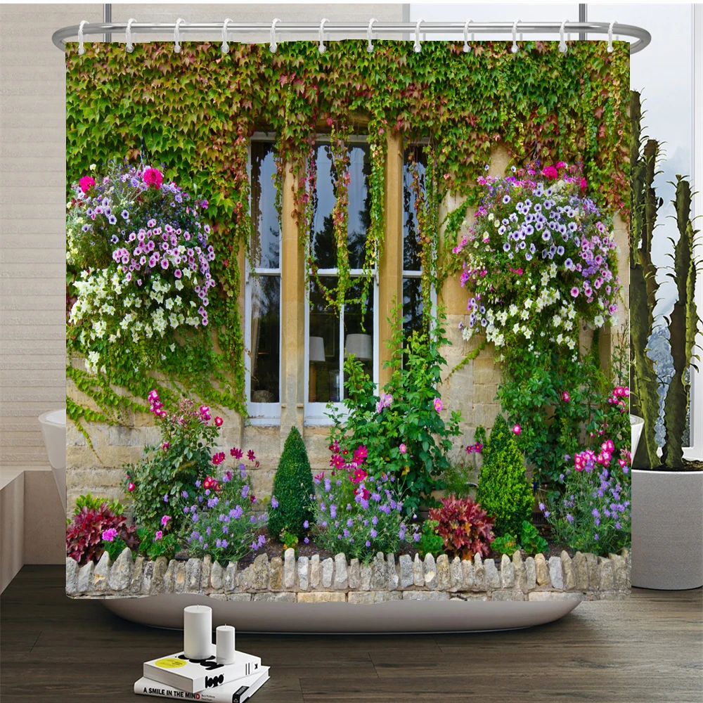 Flowers Scenery Waterproof Shower Curtains Rural Street Flowers Bathroom Curtains Polyester Fabric Washable Decor Bath Curtains