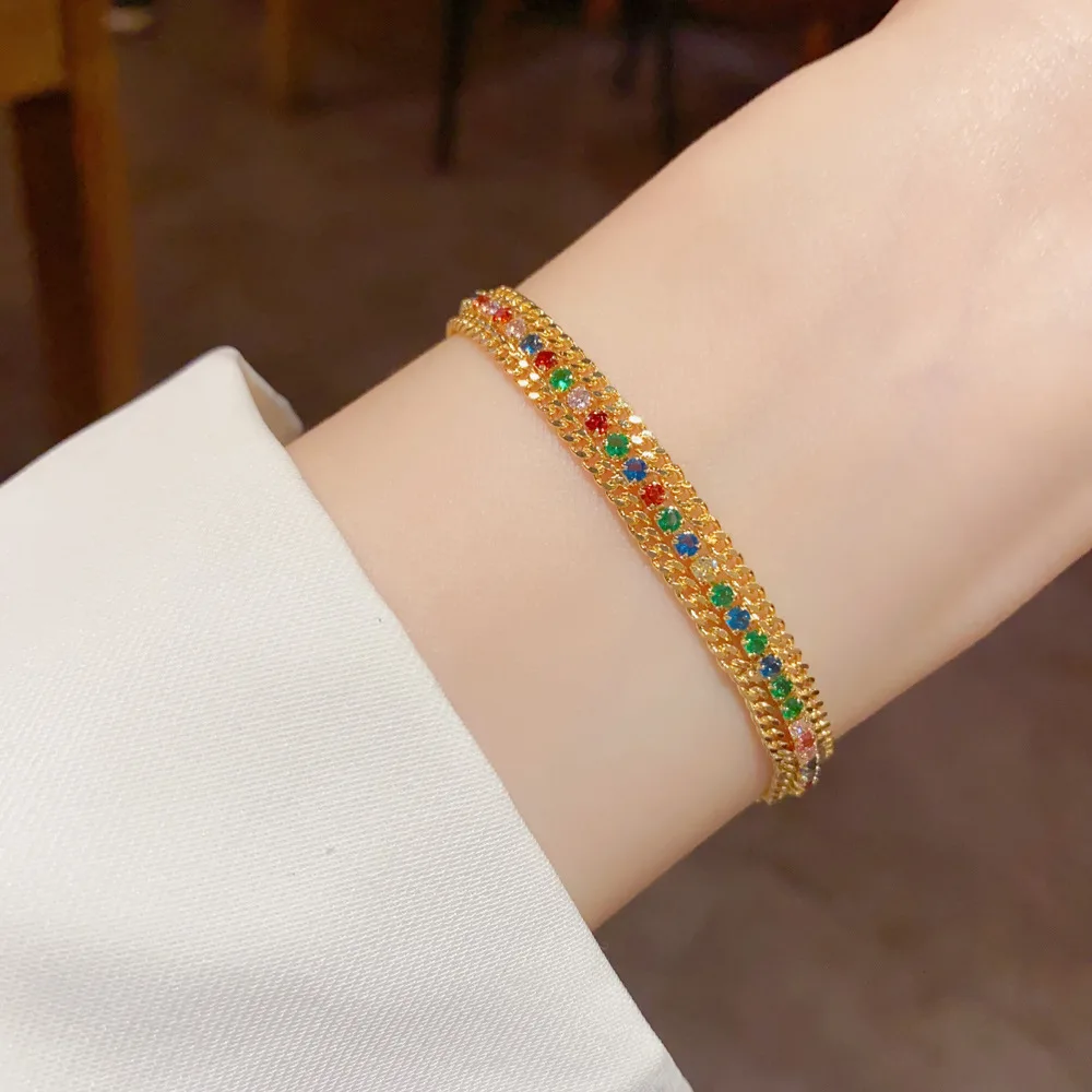 Colorful Rainbow Crystal Tennis Bracelet Vibrant Multi Gem Stackable Hand Chain Chic Party Everyday Jewelry Decoration