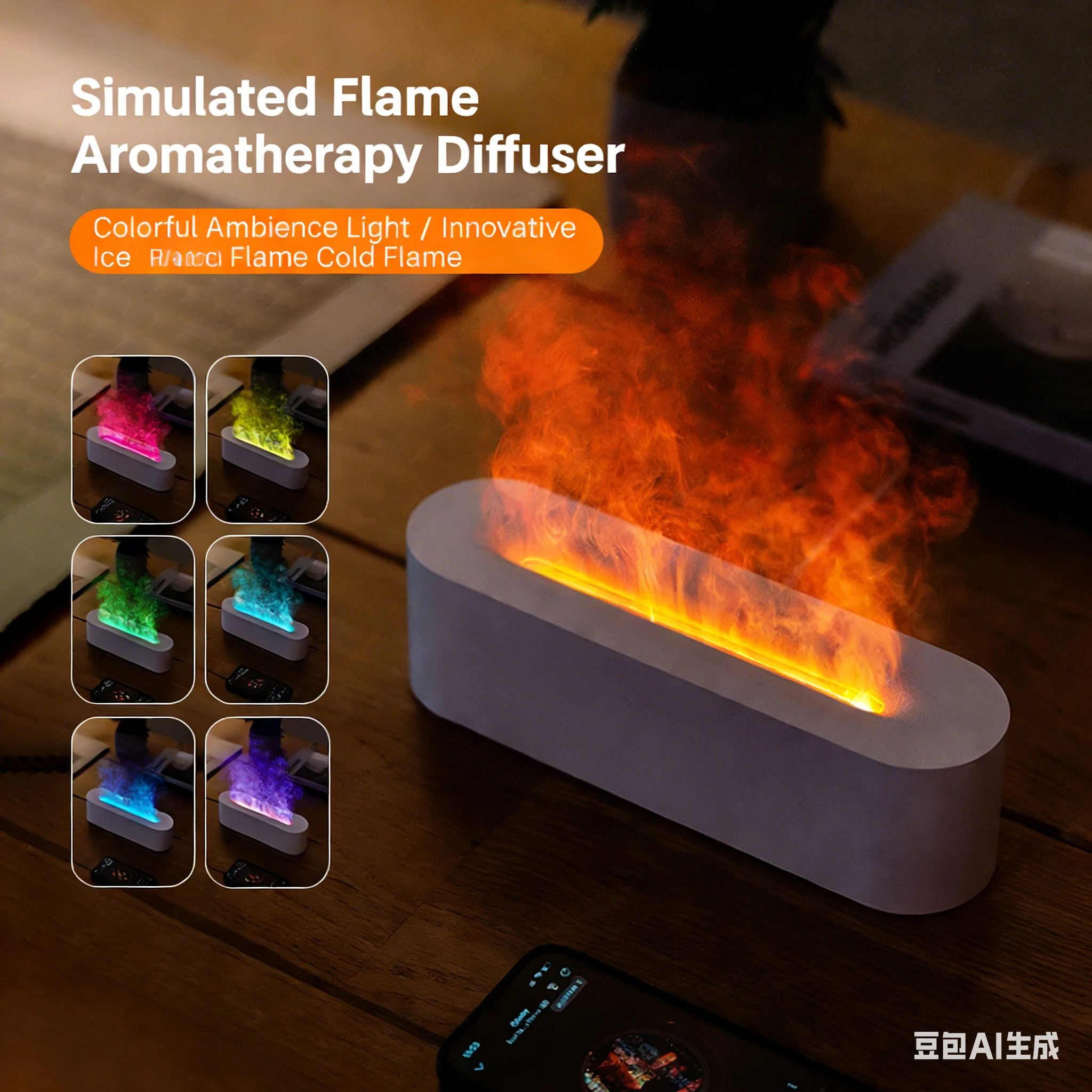 Hot selling desktop rainbow simulation flame aromatherapy machine, USB diffuser, home office atmosphere light, humidifier
