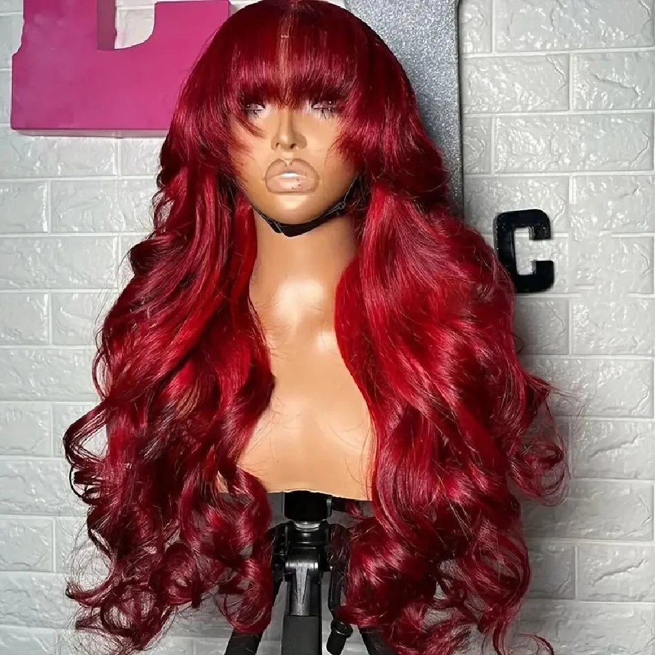 Red Colored Body Wave Human Hair Wigs Fringe 99J Burgundy 13x4 Lace Frontal Glueless Wigs With Bangs Hd Lace Wig 13x6 Human Hair