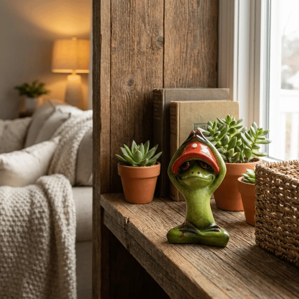 Adorable figurine de grenouille de yoga en résine, mignonne statue de grenouille champignon faite à la main, statue de méditation pour intérieur et extérieur