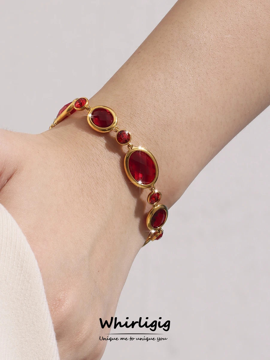 Shiny Oval Stained Round Stainless Steel Bracelet for Women Luxury Czech Glass Stones Gold Plated Charm Jewelry