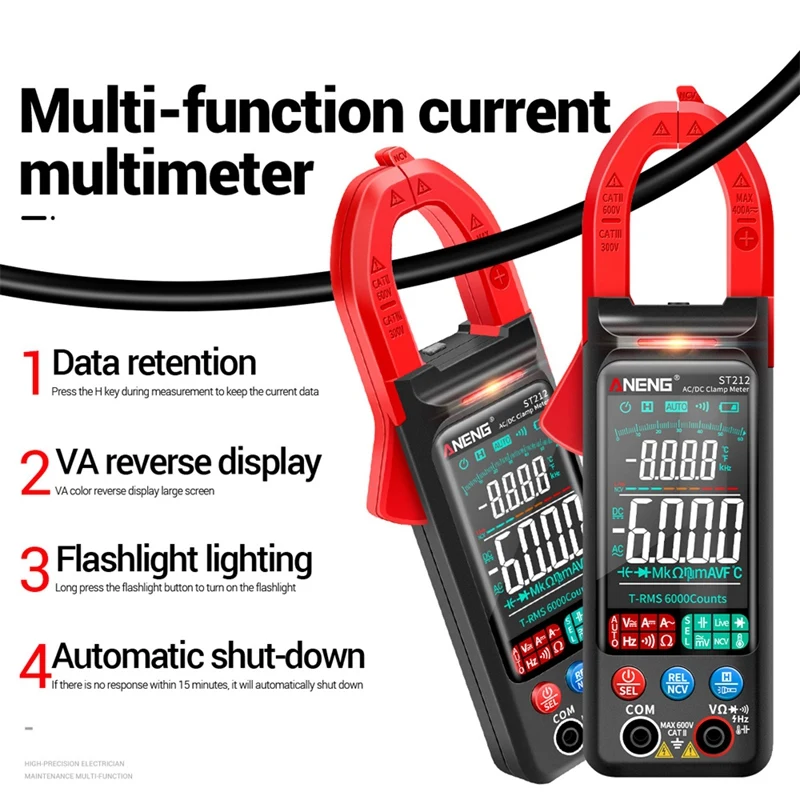 ANENG ST212 Digital Clamp Meter 400A Current True RMS Smart Plier Ammeter 6000 Multimeter DC AC NCV Tester(Red)