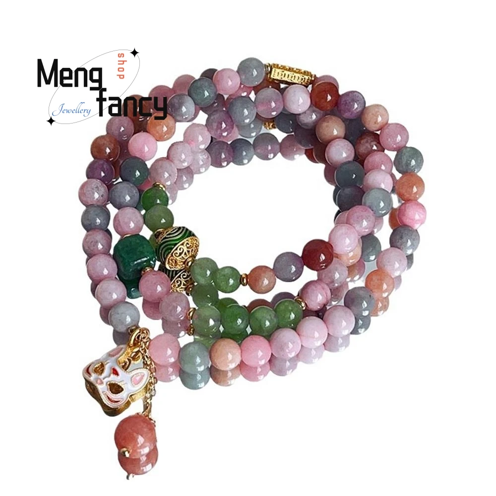 Natural Ancient Three-ring Color Jade Stone Bracelet Female Masquerade Fox Pendant Chinese Style Exquisite Fashion Fine Jewelry