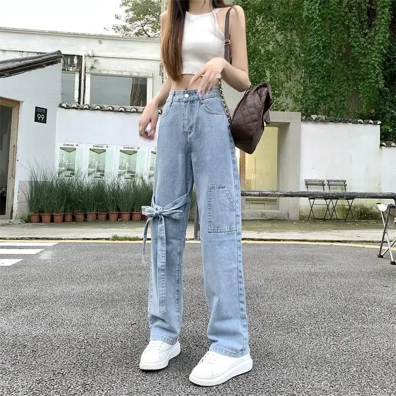 2024 New Small Crowd Bow High Waist Personality Design Women Straight Leg Loose Denim Trousers Slimming All-match Wide-leg Pants