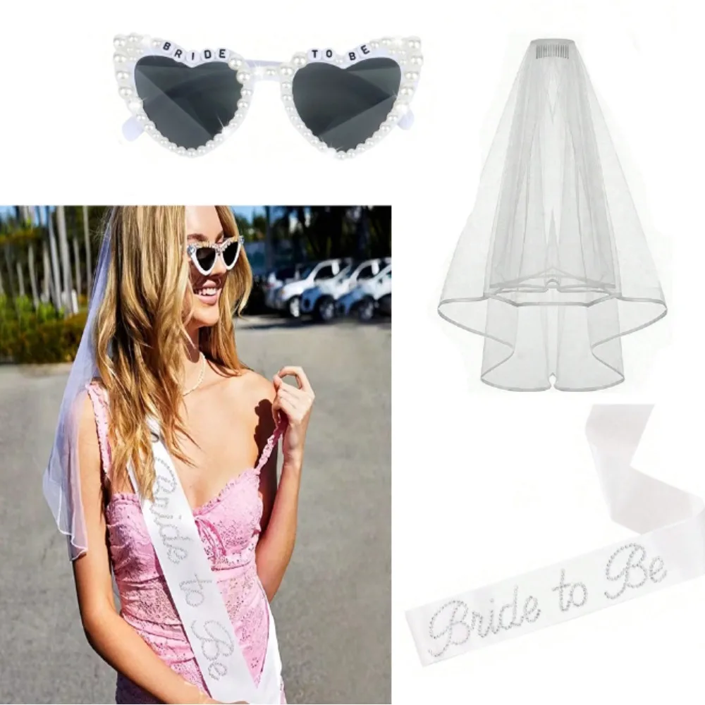 1/3Pcs Rhinestone Bride Sash Glasses Veil Set, Bachelorette & Engagement Decor, Photo Props Gifts for Bride Bridesmaid