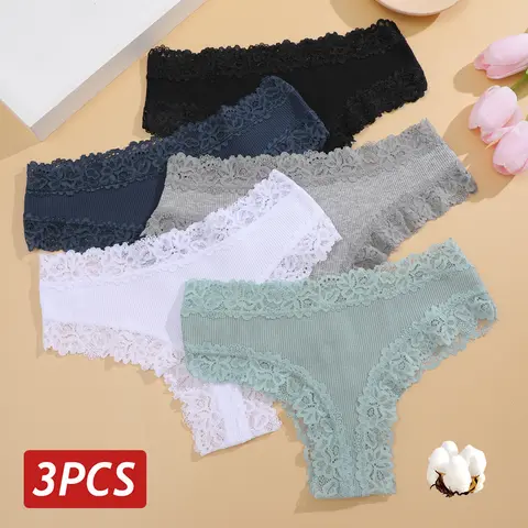 Calcinhas brasileiras de algodão sem costura para mulheres, renda sexy, íntimas com nervuras, calcinha respirável, cintura baixa, roupa íntima feminina, 3 peças por conjunto