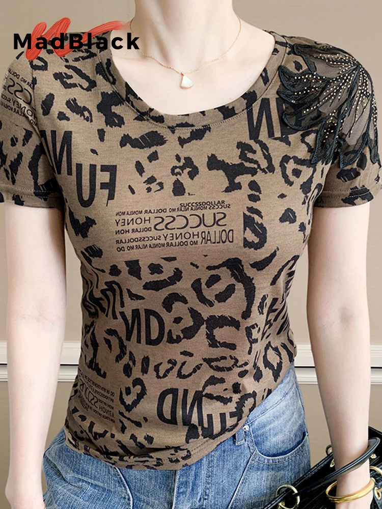 

MadBlack-Women's European T-Shirt, Sexy O Neck Leopard Print, Fashion Short Sleeve Diamond Slim S-3XL Tee, 2025 Summer T55911CC