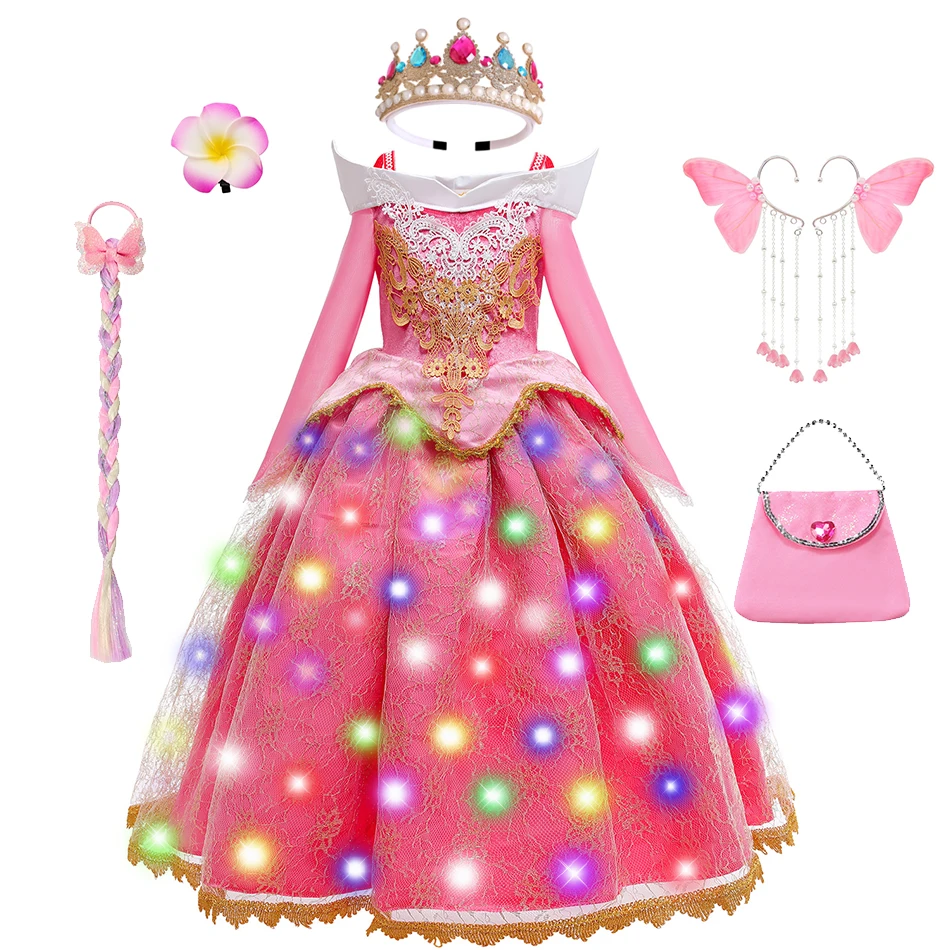 Halloween Dornröschen Rosa Aurora Kleid Mädchen Langarm Off Schulter Luxus Prinzessin Party Kostüm Kinder Elegantes Kleid