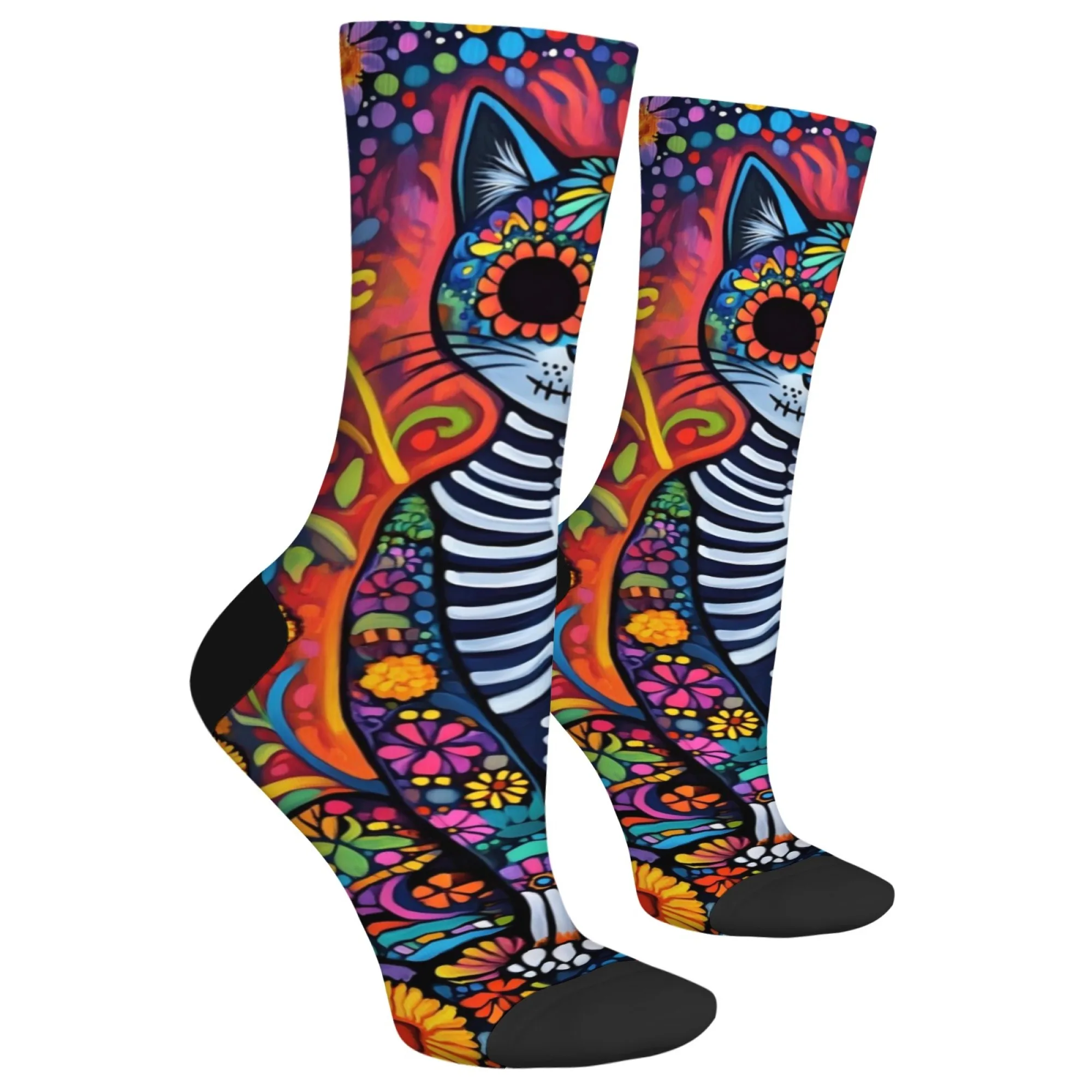 Mexican floral skull cat novelty fun socks Day of the Dead theme Harajuku retro style hip hop street fashion socks holiday gift