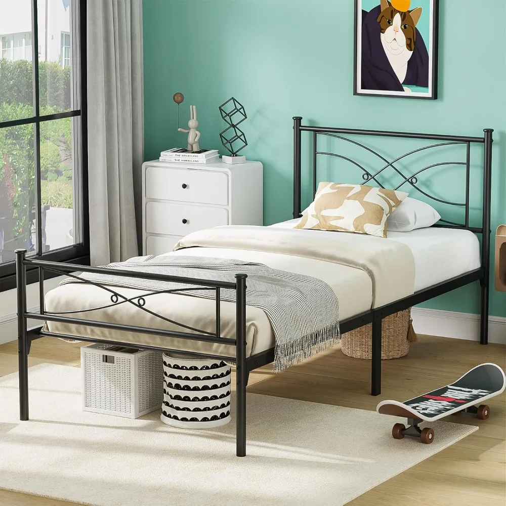 

Twin Size Bed Frame with Modern Style Headboard, Metal Platform Bed Storage Space,No Box Spring Needed,Easy Assembly