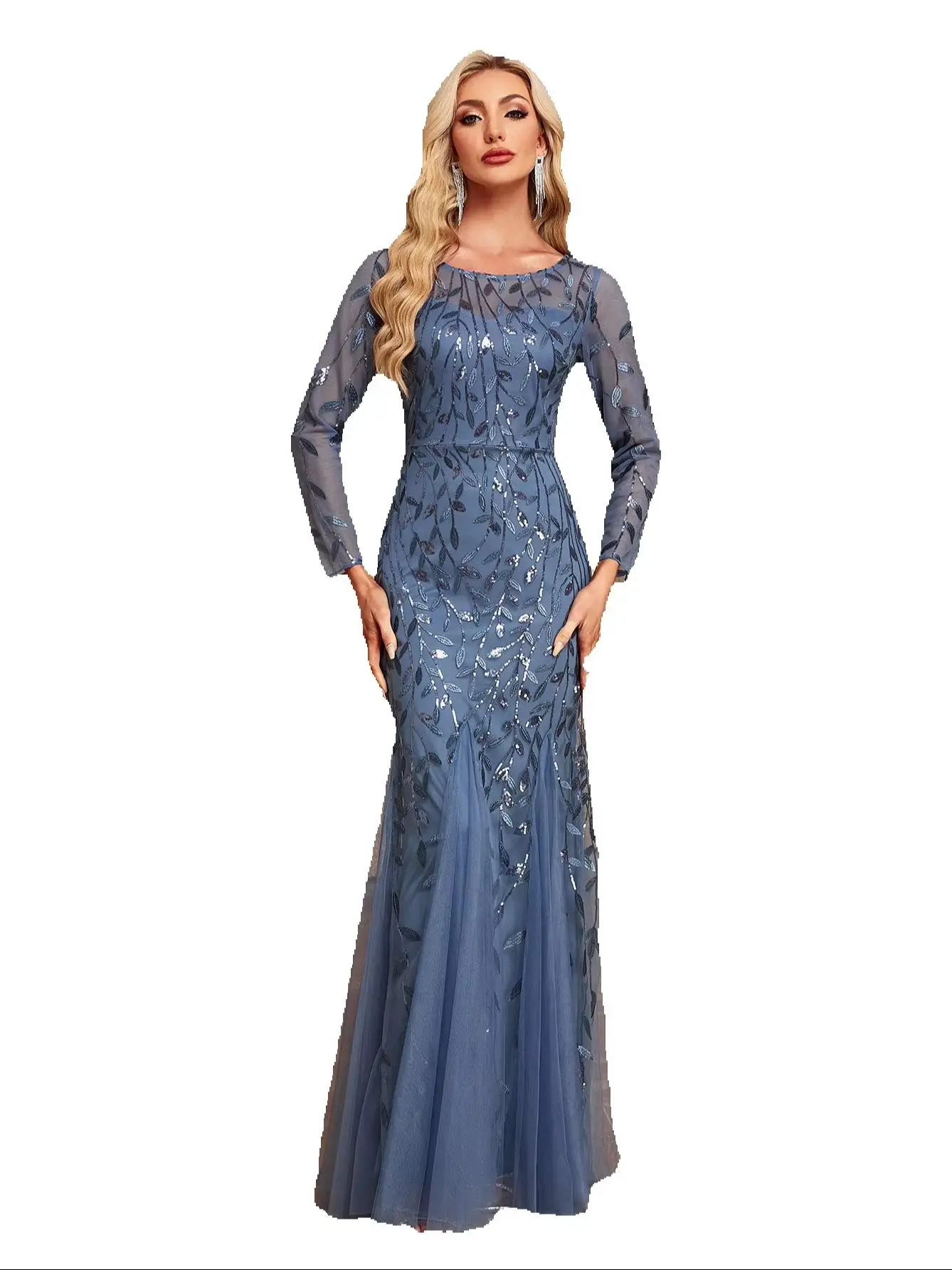 

Mermaid Evening Dress - Long Sleeve Sequin Leaf Prom Gown - Elegant Sheer Mesh Trumpet Formal Wedding Guest Dress