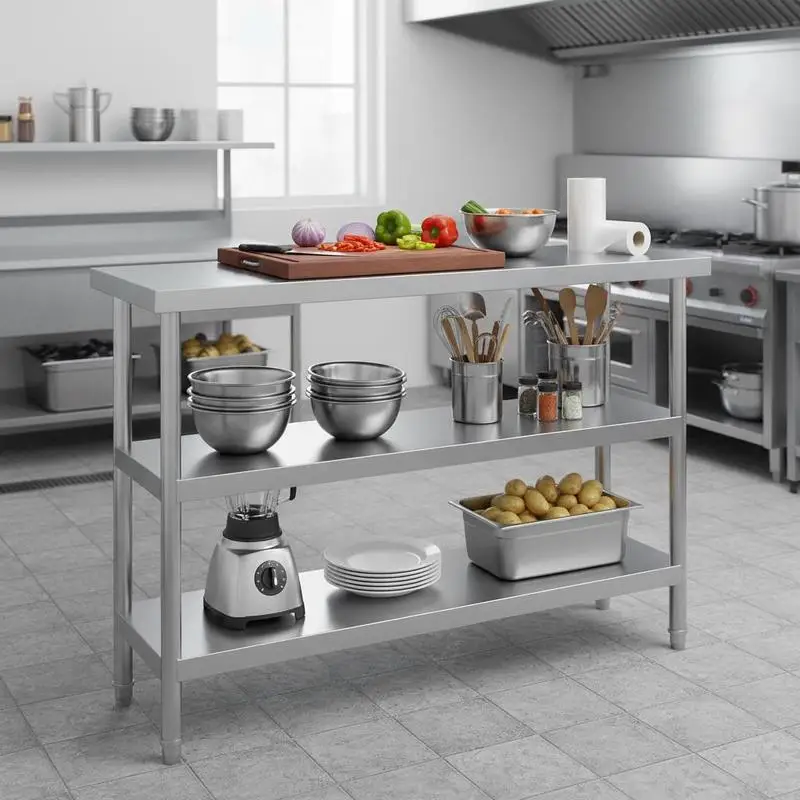 

Metal Workstation 14 x 48 x 34 Inch For Commercial Kitchen, BBQ, Garage, 2 Adjustable Undershelf Heavy Duty Utility Table Metal Structure Double Storage Space Adjustable Height Foot Pads