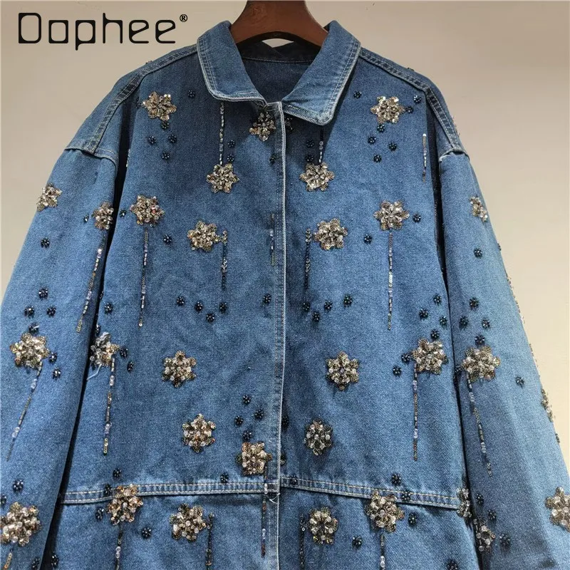 

Spring New Heavy Embroidery Denim Jacket for Women Casual Loose Fit Sequin Embellishment Design Denim Coat Jean Jacket for Women