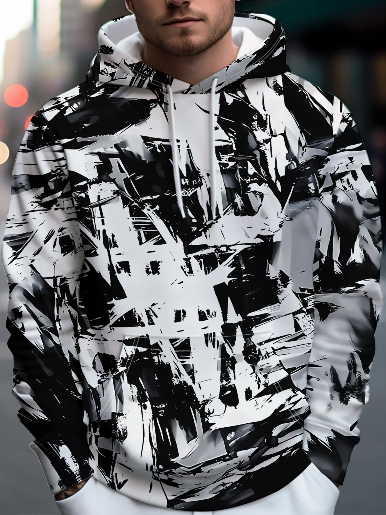 Men's Hoodie Autumn 3D Print Black White Splash Brush Graffiti Abstract Art Pullover Streetwear Casual Sweatshirt Men Clothing