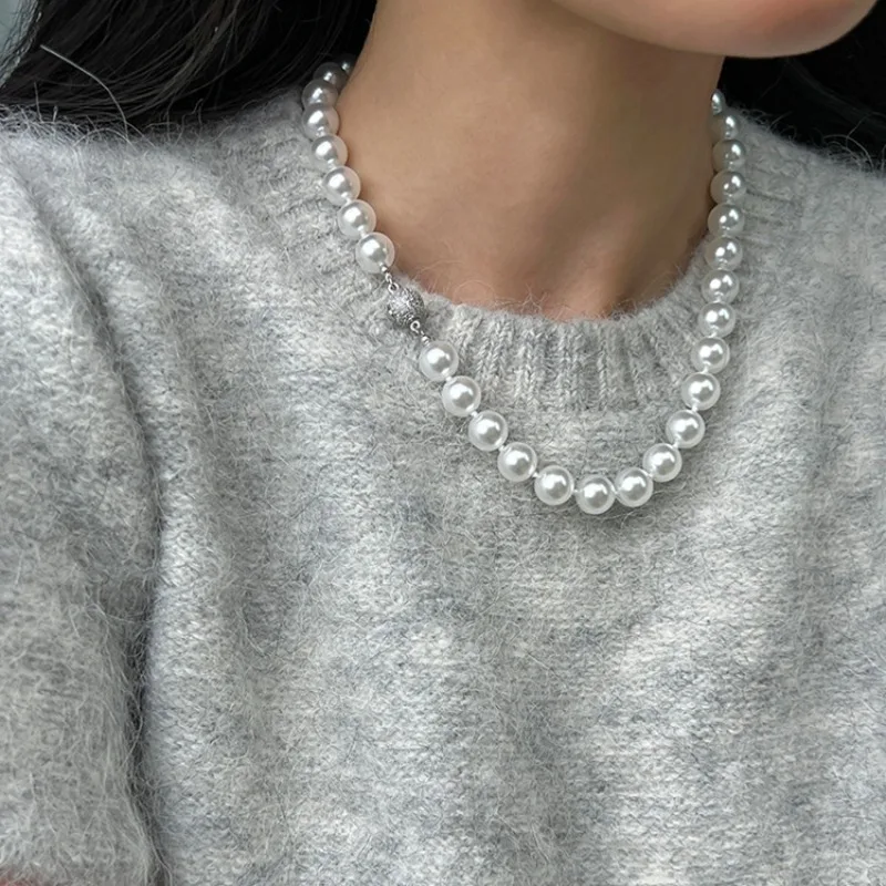 

Minar 2024 Hot Sale CZ Zircon Magnet Ball Imitation Pearl Beaded Necklaces for Women Silver Plated Copper Sweater Chain Chokers