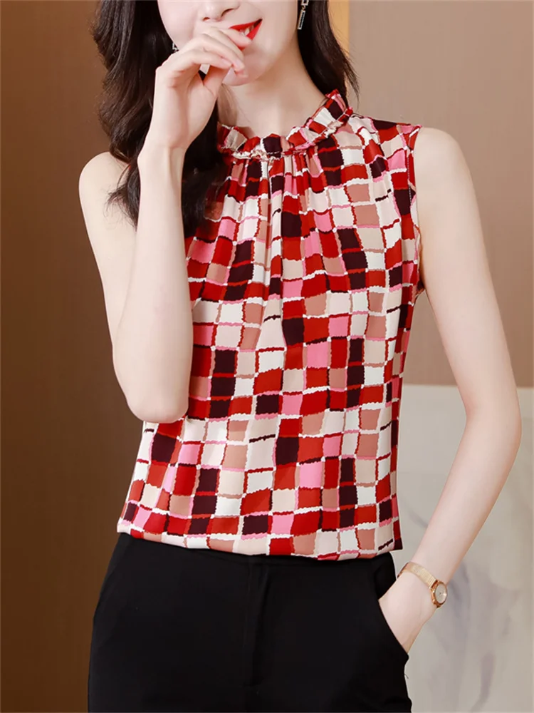 Fashion Women Blouse Elegant Chiffon Blouse Summer 2022 Sleeveless Plaid Print Pullover Top Office Lady Formal Shirts