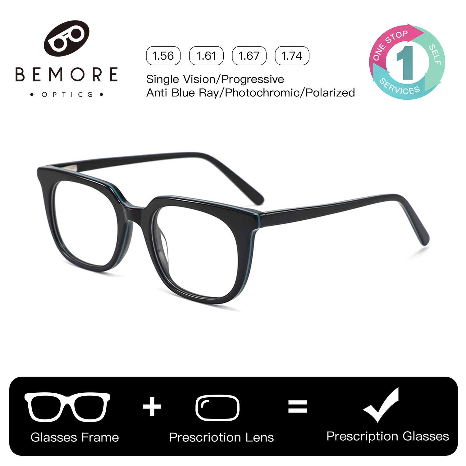 

BEMORE Fashion Handmade Acetate Square Progressive Multifocal Glasses Man Anti-Blue Ray Photochromic Prescription Eyeglasses
